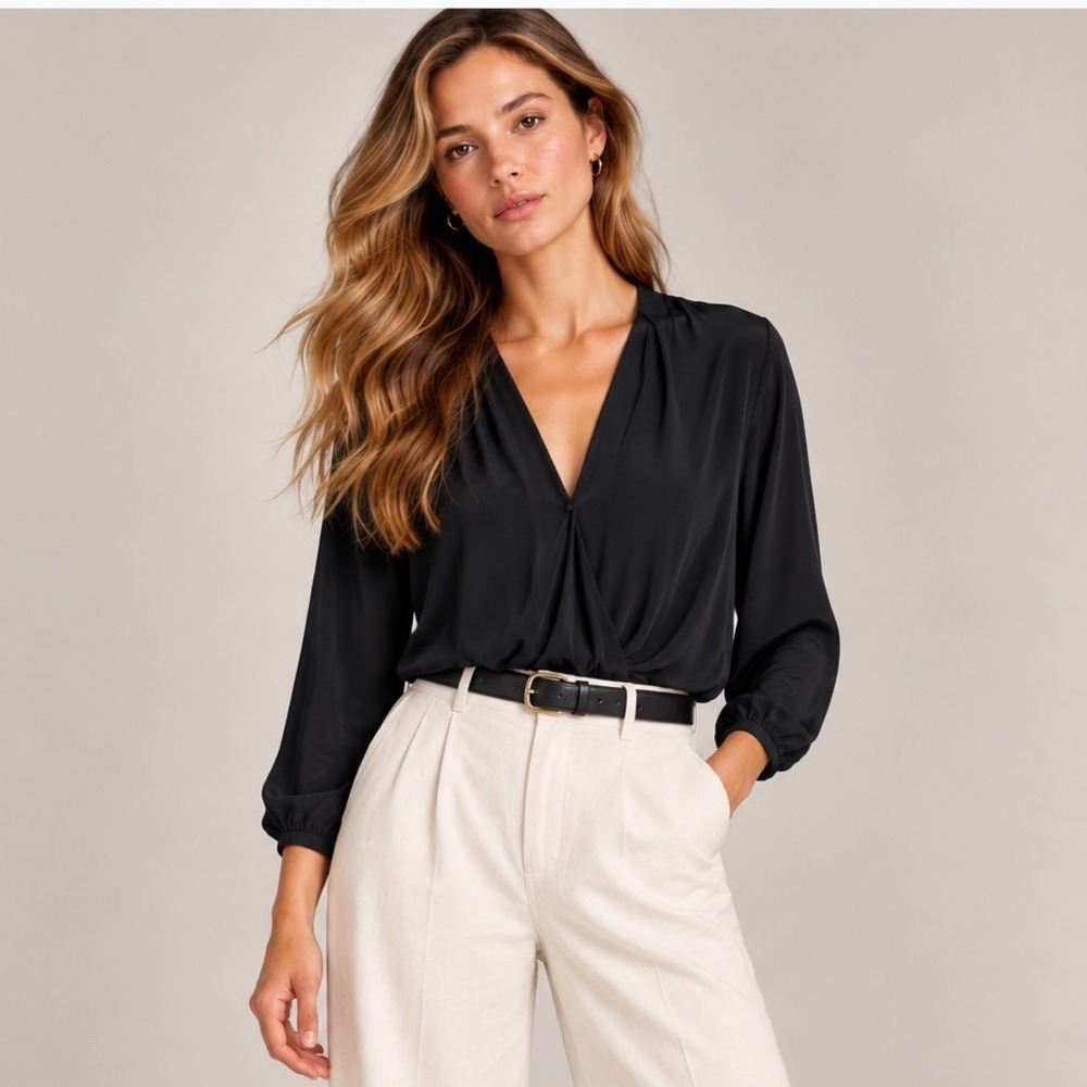Calypso St. Barth Black Wrap Front Surplice 100% Silk Blouse, S